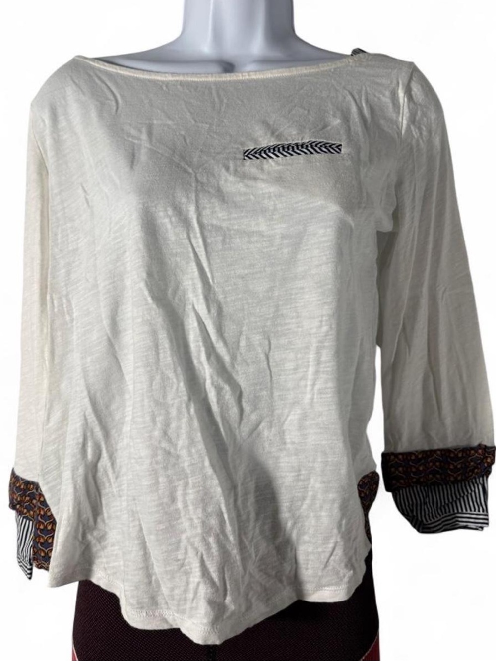 Anthropologie Cream Long-Sleeve Boatneck Top with Patterned Cuffs